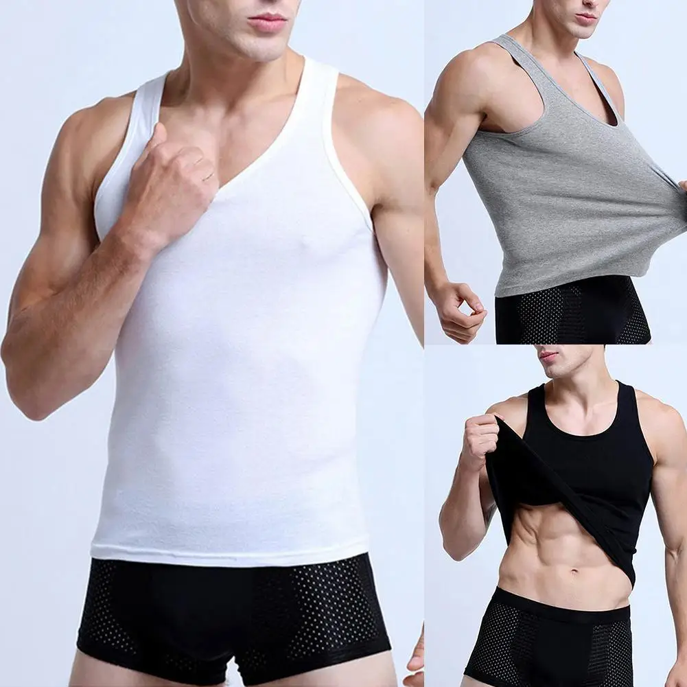 

2020 Sporty Men Solid Color Low-cut Neck Sleeveless Cotton Vest Breathable Tank Top