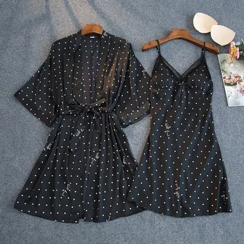 

Women Print Nighty&Robe Set Sexy Satin 2PCS Sleepwear Female Robe Set Summer Kimono Robe Gown Silky Intimate Lingerie