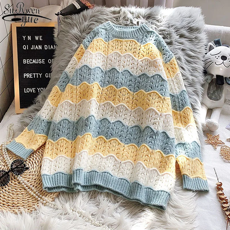 

Женский трикотажный пуловер, свободный свитер с длинным рукавом и круглым вырезом, мягкий теплый шерстяной пуловер в Корейском стиле, модель 2023 на осень, 11863