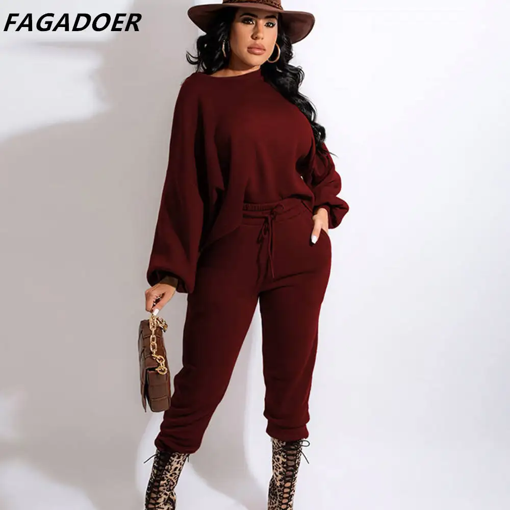 FAGADOER Solid Casual 2 Piece Sets For Women Long Sleeve Pullover And Jogger Pants Tracksuits Autumn Winter Sport Outfits 2021 solid skirts suits womens 2021 outfits lounge wear summer cropped top sleeveless elegant plus size sets 4xl festival clothing
