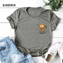 SINGRAIN, хлопок, S-5XL, повседневная Летняя женская футболка с принтом, ленивый Ленивец, Мультяшные короткие футболки, забавные, большие размеры, базовые футболки