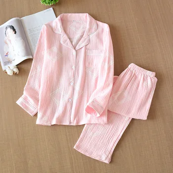

Women's Diamond-shaped Crepe Cotton Long-sleeved Trousers Home Two-piece Set Pajamas Spring Summer Thin Pajamas with Stanamas