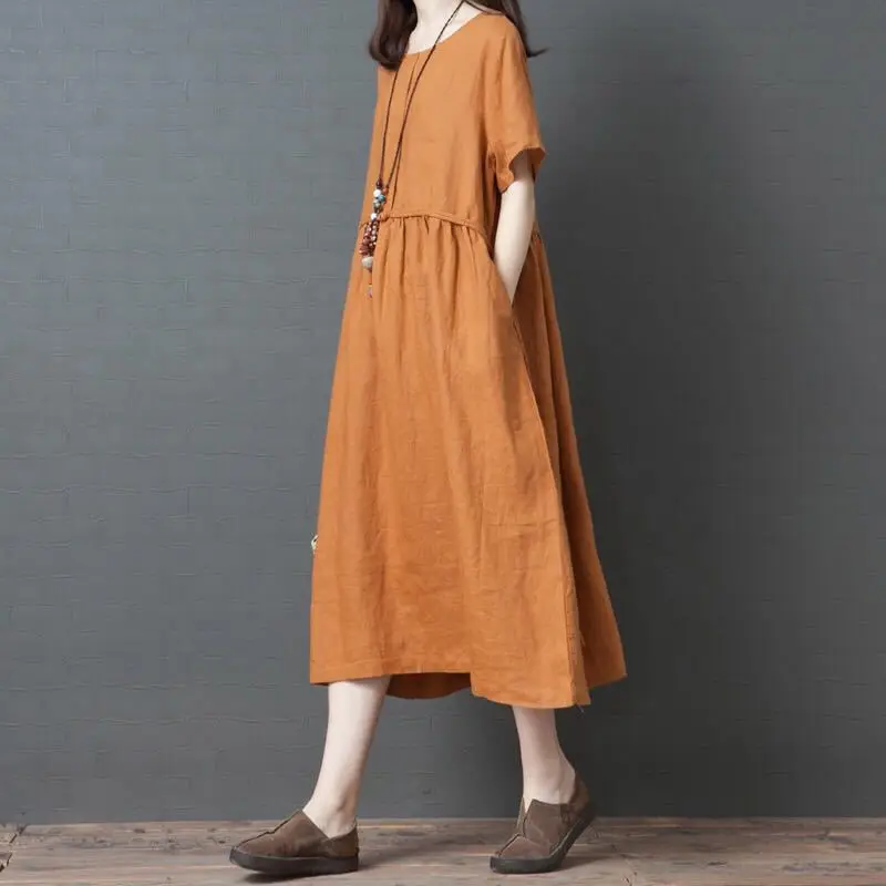 

Summer New Style 2019 Korean-style Loose And Plus-sized WOMEN'S Dress-Style Cotton Linen Short-sleeve Dress