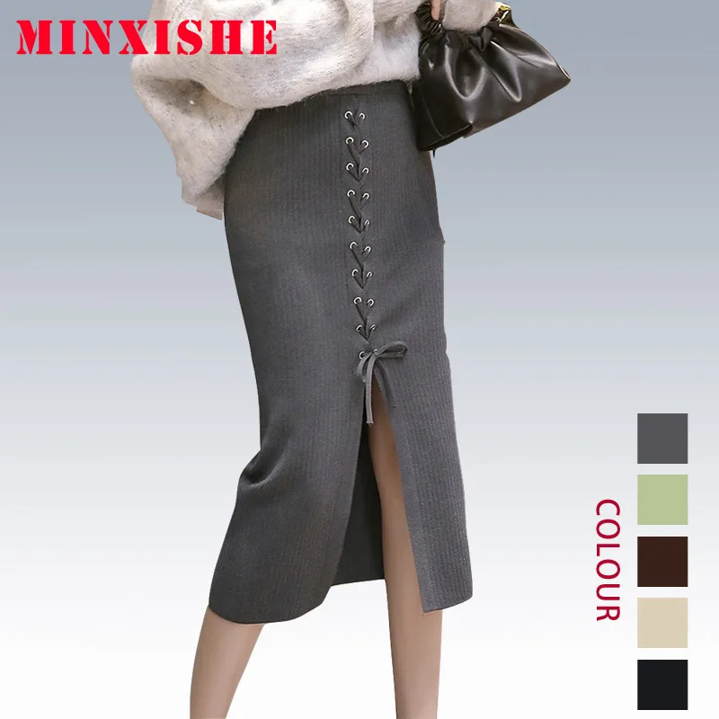 Юбки faldas женские mujer осень зима вязание с разрезом, миди черный зеленый Уличная Сексуальная Высокая талия бандаж юбки в складку