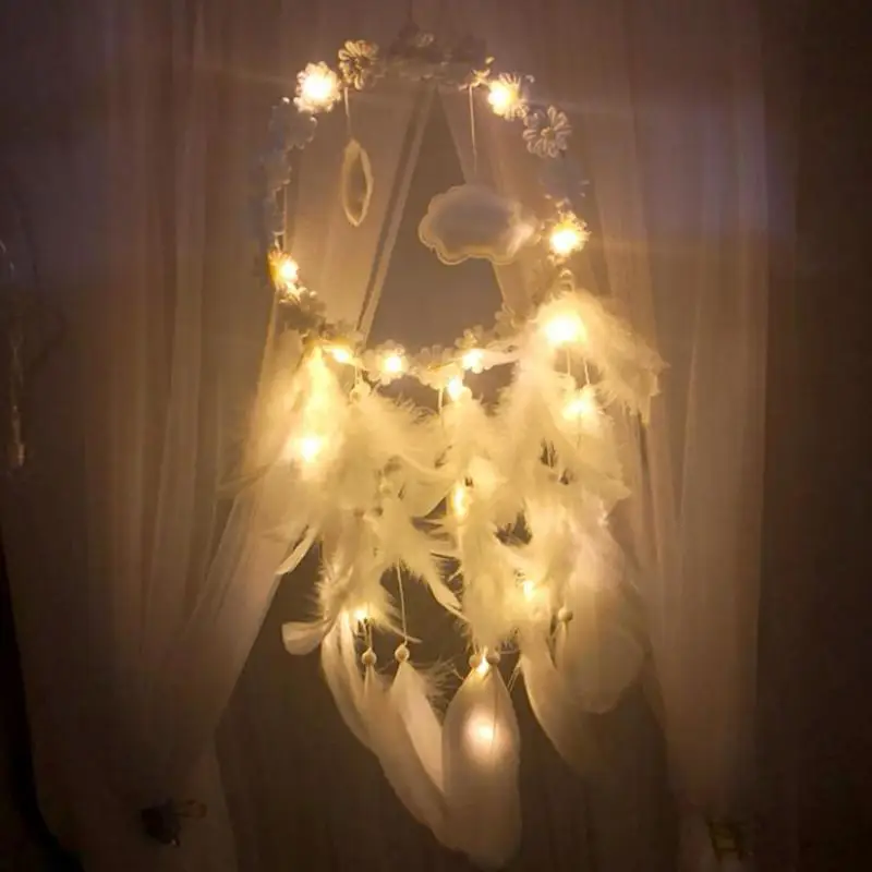 

Flowers Clouds Feathers Dream Catcher LED Light String Bedroom Hang Pendant