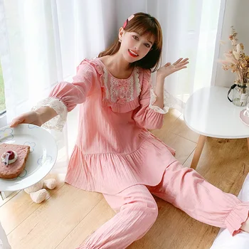 

Autumn Cotton Ladies Pajamas Two-piece Long-sleeve Lace Ruffle Round Neck Stitching Pyjamas Sweet Cute Loose Homewear Nightsuit