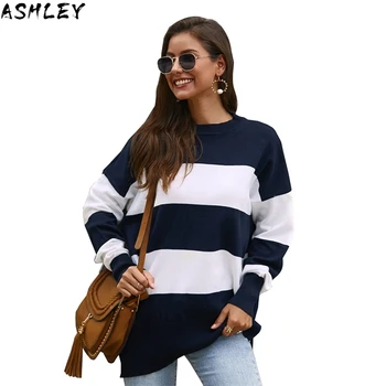 

winter Autumn and sweater large size women's 5XL 6XL 7XL 8XL 9XL round neck casual striped stitching sweater bust 146CM