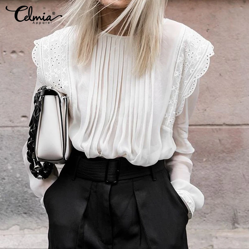 Women Embroidered Ruffles White Blouses Lace Shirts Celmia Transparent Elegant Long Sleeve Pleated Casual Loose Chiffon Tops 5XL