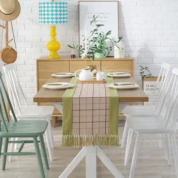 

simple cotton linen plaid pattern table runner tassel decorative lattice tablecloth bed runner fringes cabinet cover dust proof