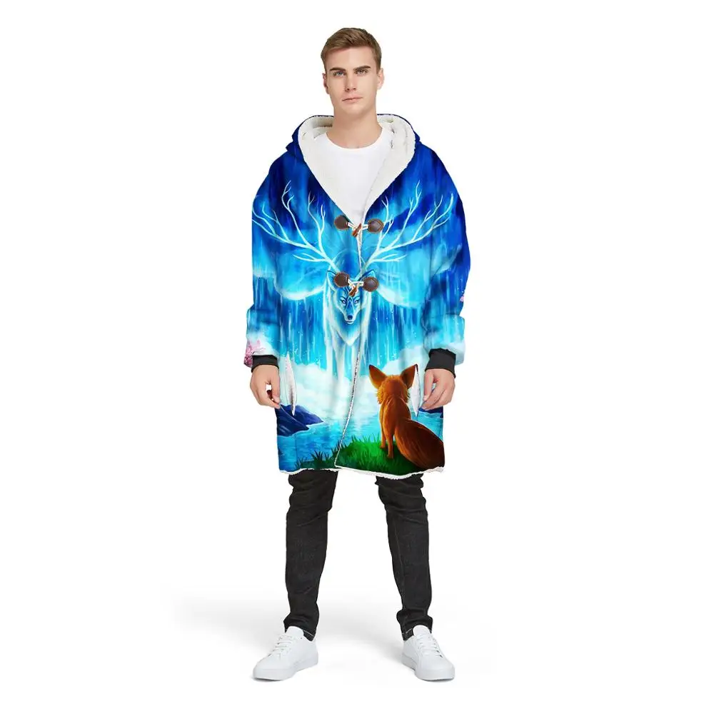 

3D Print Fantasy Deer Hooded Blanket Warm Fleece Plush Blanket with Sleeves,Winter Wearable Coat Buttoned Jacket Pocket Hoodie