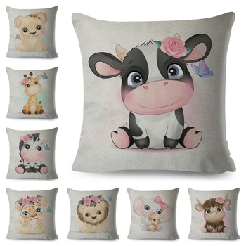 

Cute Cartoon Animal Print Cushion Cover Decor Giraffe Cow Lion Elephant Pillow Case Linen Pillowcase for Children Room Home