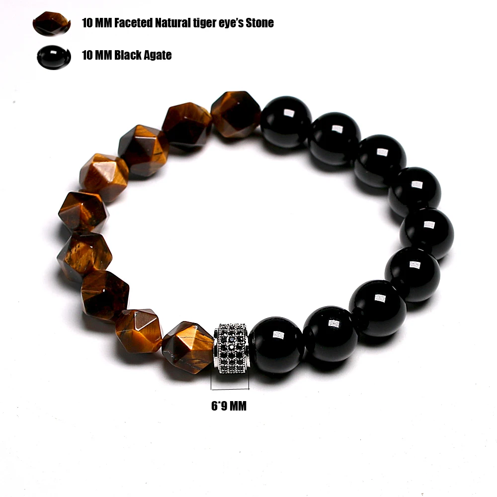 New Men Bracelet Beads Faceted Natural Tiger’s eye Stone Micro Inlaid Charm CZ Bracelets 10MM Men’s Gift Dropship