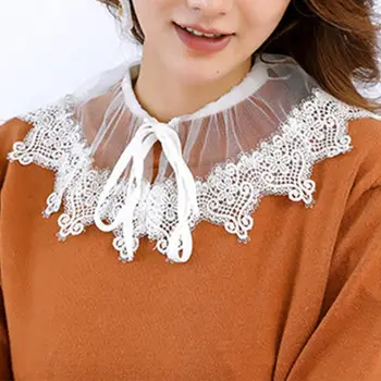 

European Retro Women Large Doll False Collar Embroidery Hollow Lace Trim Lapel Decorative Half Shirt Blouse with Lace Up Bowtie