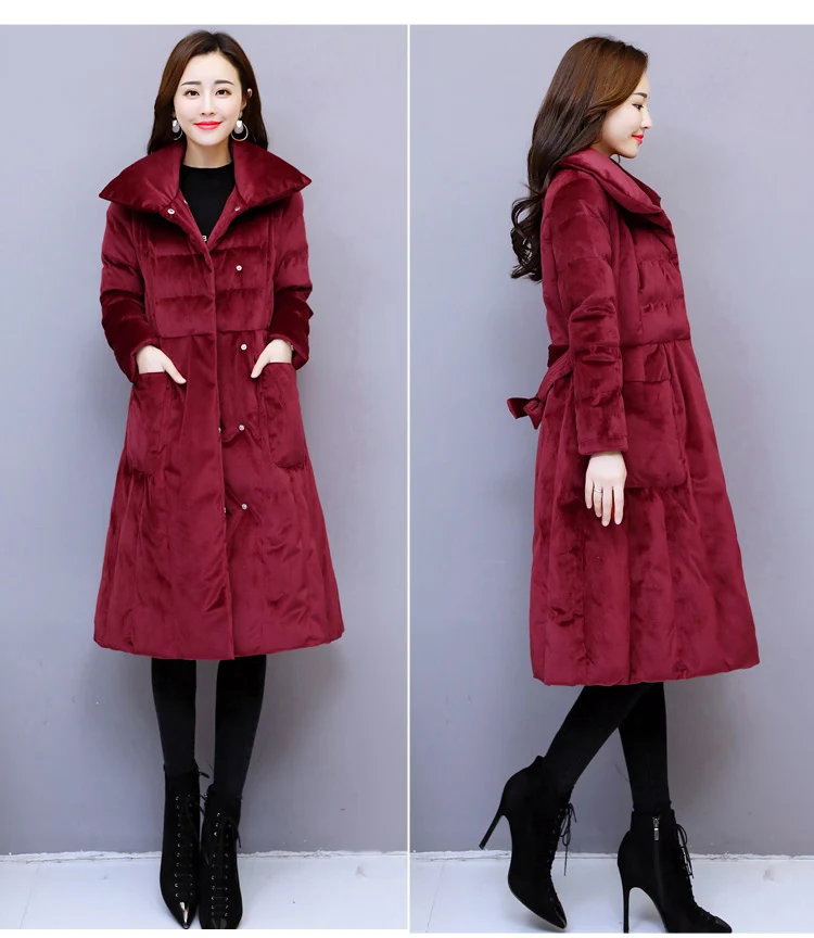 Зимние корейские осенние модные женские синие винно-красные стеганые теплые парки бархатное пальто, пояс 3xl велюровые пальто парки для женщин
