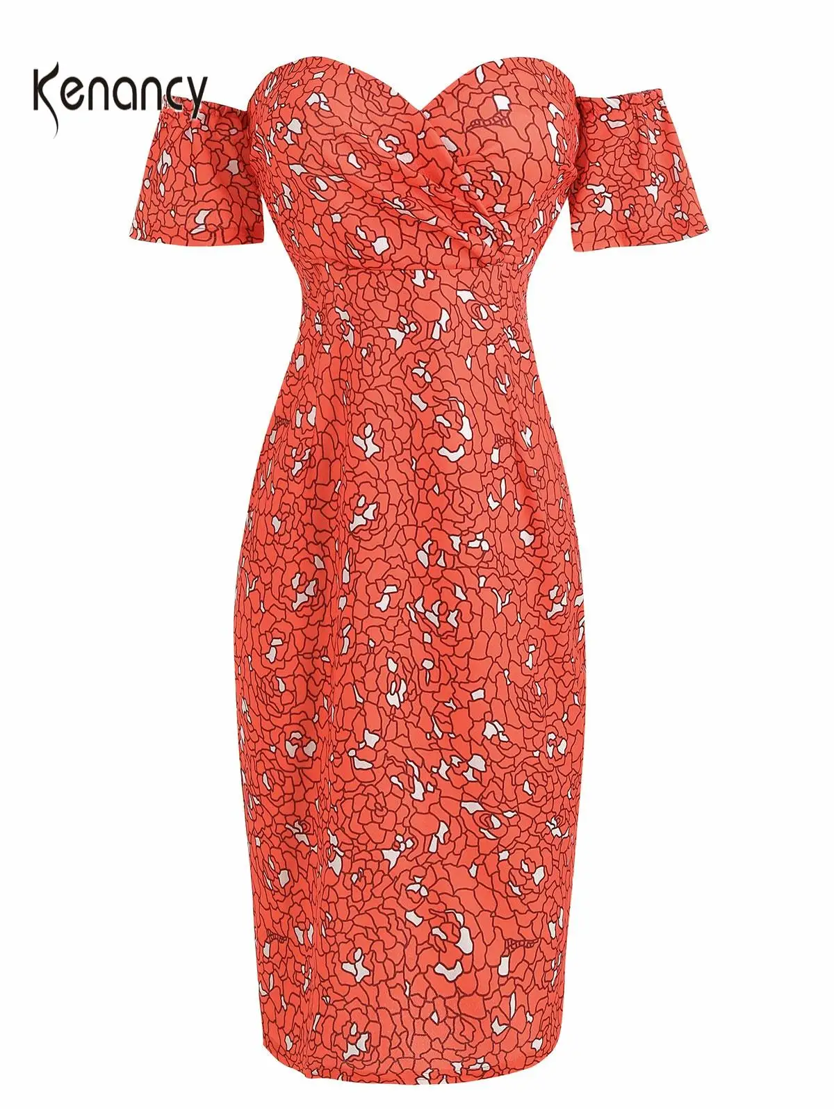 Kenancy Women Bodycon Dress Sexy Strapless Off Shoulder Sleeves Summer Party Vestidos Red Print Back Zip Split Vintage New | Женская