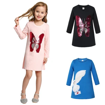 

Kids Long Sleeve Dress Colorful Sequins Butterfly Pattern Frock Children Spring Casual Clothes Cartoon Owl Applique Outfits 2-8T