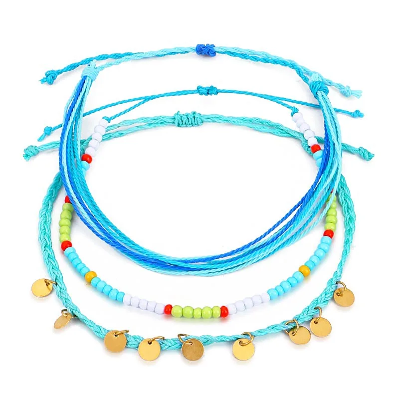 3 шт./компл. Miss JQ Boho женские браслеты для щиколотки синяя Смешанная цепочка с бисером на лодыжку модная мини металлическая круглая подвеска Плайя аксессуары