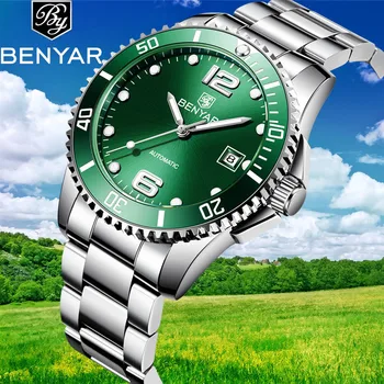 

BENYAR Men's Watch Mechanical Stainless Steel Strap Waterproof Automatic Watches Brand Luxury Luminous Green Dial Zegarek Meski