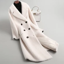 Овец стриженый пальто Для женщин новые зимние модные гранулы шерсть длинная куртка C мехом двубортное пальто с длинными рукавами и пальто с мехом Для женщин прилив