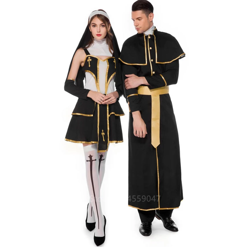 

Medieval Cosplay Halloween Costumes for Women Priest Nun Uniform Men Missionary Costume Cross Robe Set 2019 Adult Cosplay Dress