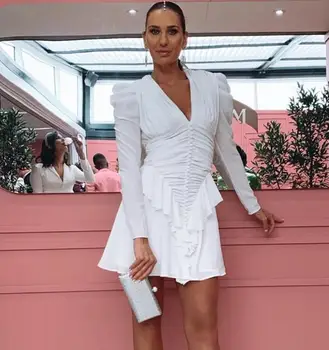 

Winter Women Fashion Long Sleeve Deep V Neck Button White Bandage Dress Vestidos 2020 Elegant Female Bodycon Mini Party Dress