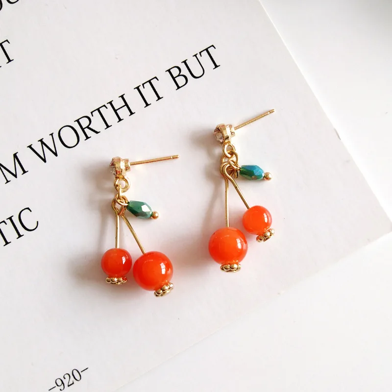 Pierced ears Японский стиль фрукты клип на серьги корейский красный стекло заколка с украшением в виде вишен на серьги без пирсинга для женщин девушек - Окраска металла: Pierced ears