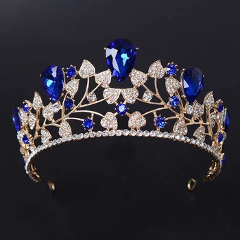 

New Arrival Magnificent Blue Red Rhinestone Bridal Crown Tiaras Fashion Golden Diadem for Women Wedding Hair jewelry accessories