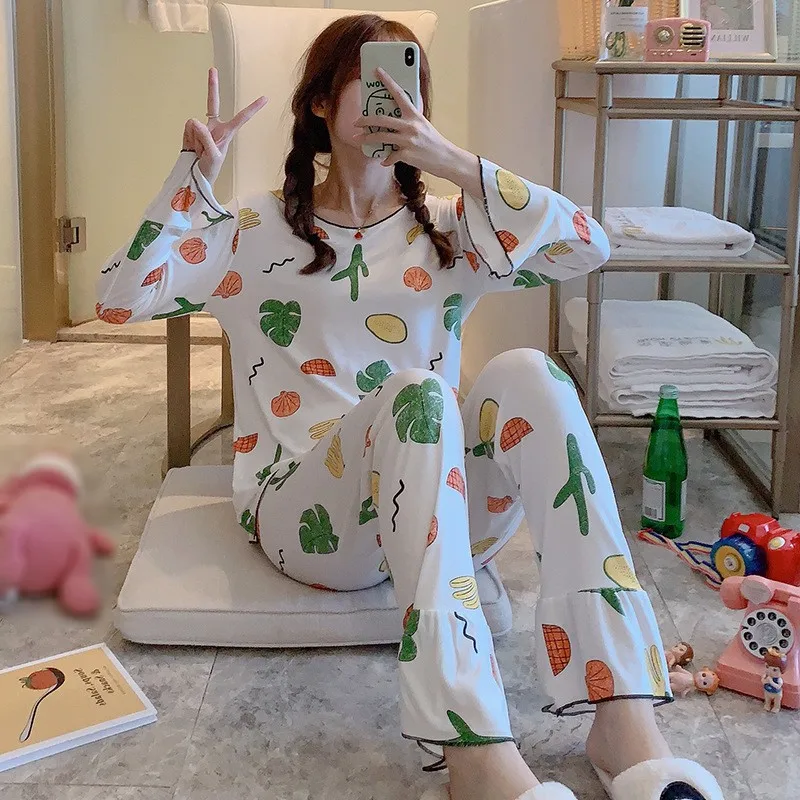 C Kawaii, 2 шт., женская пижама, пижама, милый рисунок морковки, повседневные топы, штаны, домашняя одежда для сна с длинным рукавом - Цвет: C