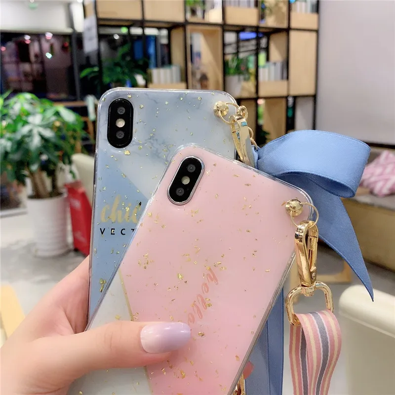 Блестящий Мягкий чехол для телефона из ТПУ с золотистой фольгой и мраморным узором, ожерелье-шнурок с кулоном, лямка на шею для iPhone 6 6s 7 8 Plus Xs Max Xr X