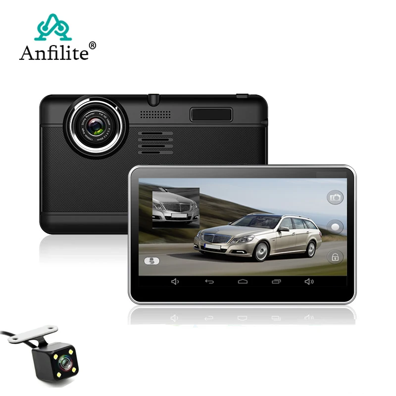 Anfilite 7 дюймов емкостный Android Автомобильный gps навигатор четырехъядерный 16 ГБ Автомобильный DVR видеорегистратор две камеры 1080P Запись бесплатные карты