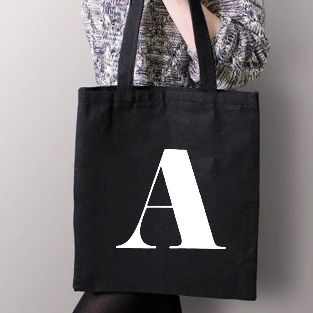 

English Alphabet Letter Shopping Bag Casual Canvas Fashion Shoulder Bags Tote Black Bag Eco Travel Handbag Reusable Shopper