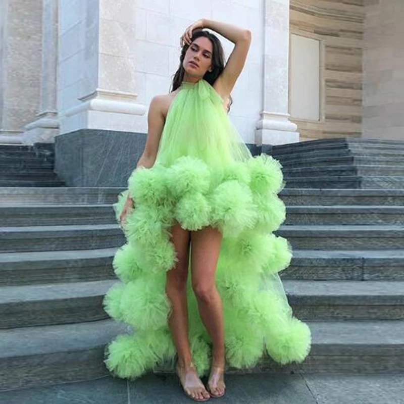 

Lime Green High Low Prom Formal Dress 2020 New Chic Ruffled Puffy Girls Birthday Party Dresses Halter Special Occasion Gowns