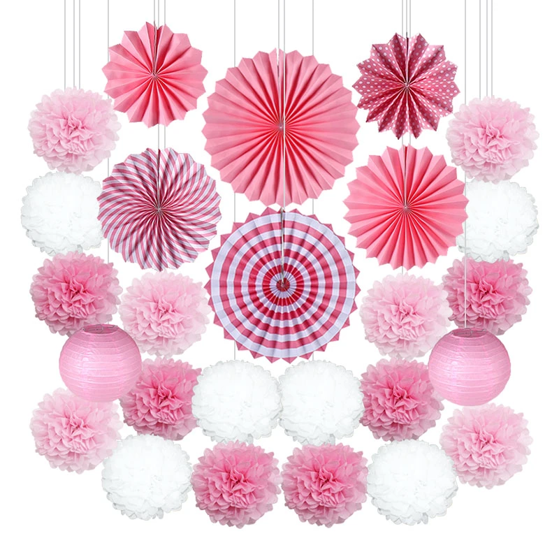 26 ピース セットピンク青緑赤紙ファン花提灯ポンポン装飾子供の誕生日パーティーウェディングシャワー家の装飾 Lanterns Aliexpress
