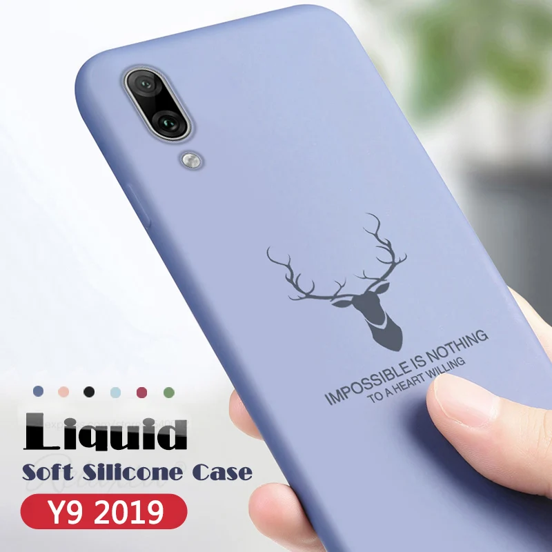 fashion candy color Deer Case for huawei Y9 2019 soft Silicone Liquid Plain Color case y9 JKM-LX1 couqe capa | Мобильные телефоны и