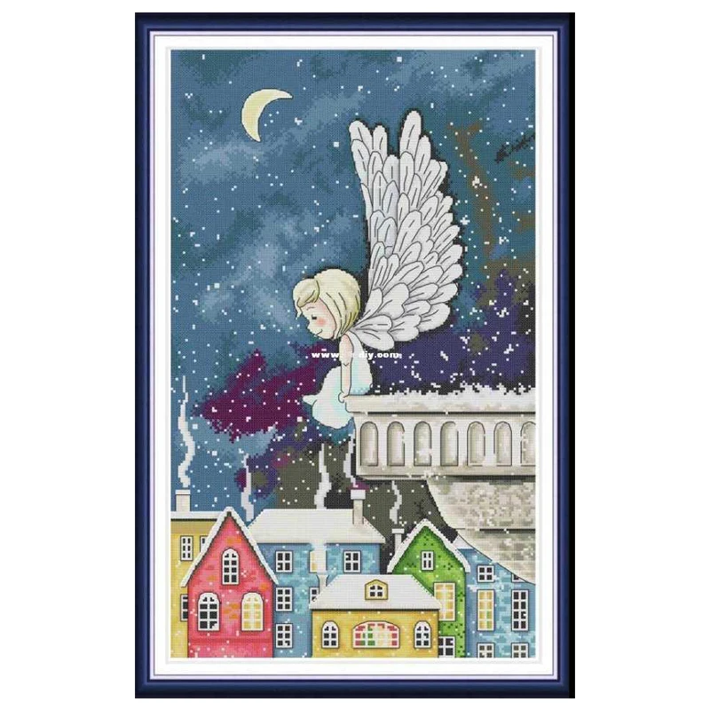 Snow Angel Moon night Fairy on the roof Colorful small house 10350