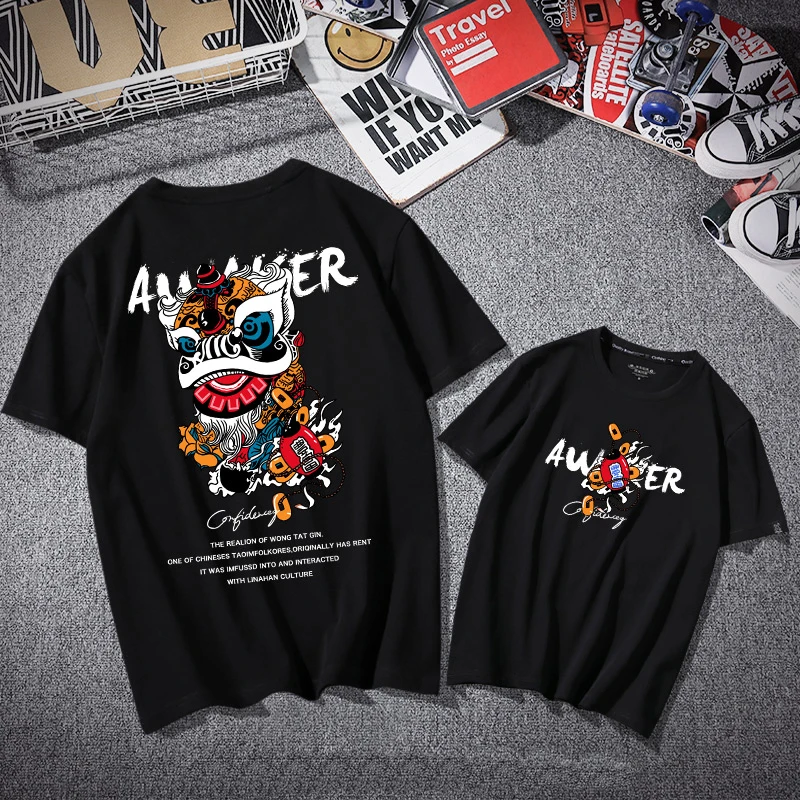 

2021 Harajuku Cute Cartoon Lion Dance Print t-Shirt Chinese Style Oversized Loose Clothes Hip Hop Casual Cotton Men Streetwear