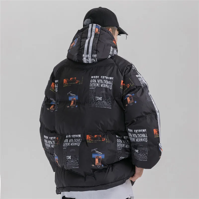 Зимняя теплая ветрозащитная стеганая куртка в стиле пэчворк с буквенным принтом для мужчин в стиле хип-хоп Уличная негабаритная парка с капюшоном, пальто, верхняя одежда