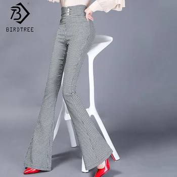

2020 Spring New Women's Office Lady Plaid Full Length Pants Fashion High Waist Slim Flare Pants Female Bottoms B01407O