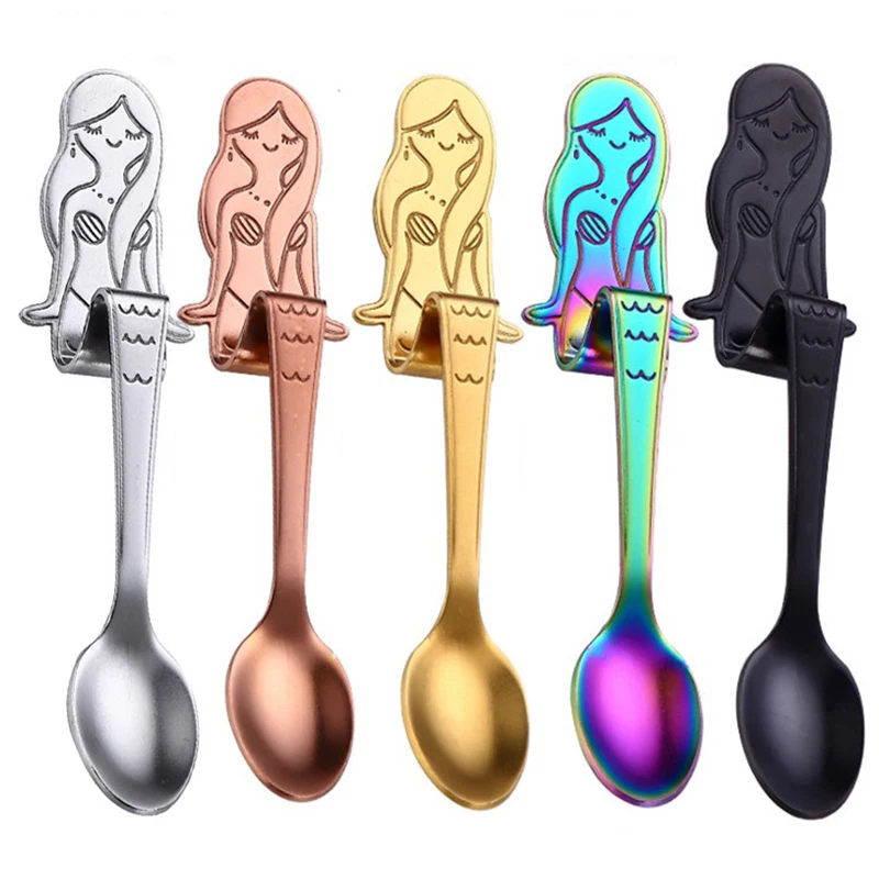 

304 Stainless Steel Mermaid Coffee Spoon Curved 5 Color Mirror Plating Multicolored Teaspoon Condiment Spoon Kitchen Tableware