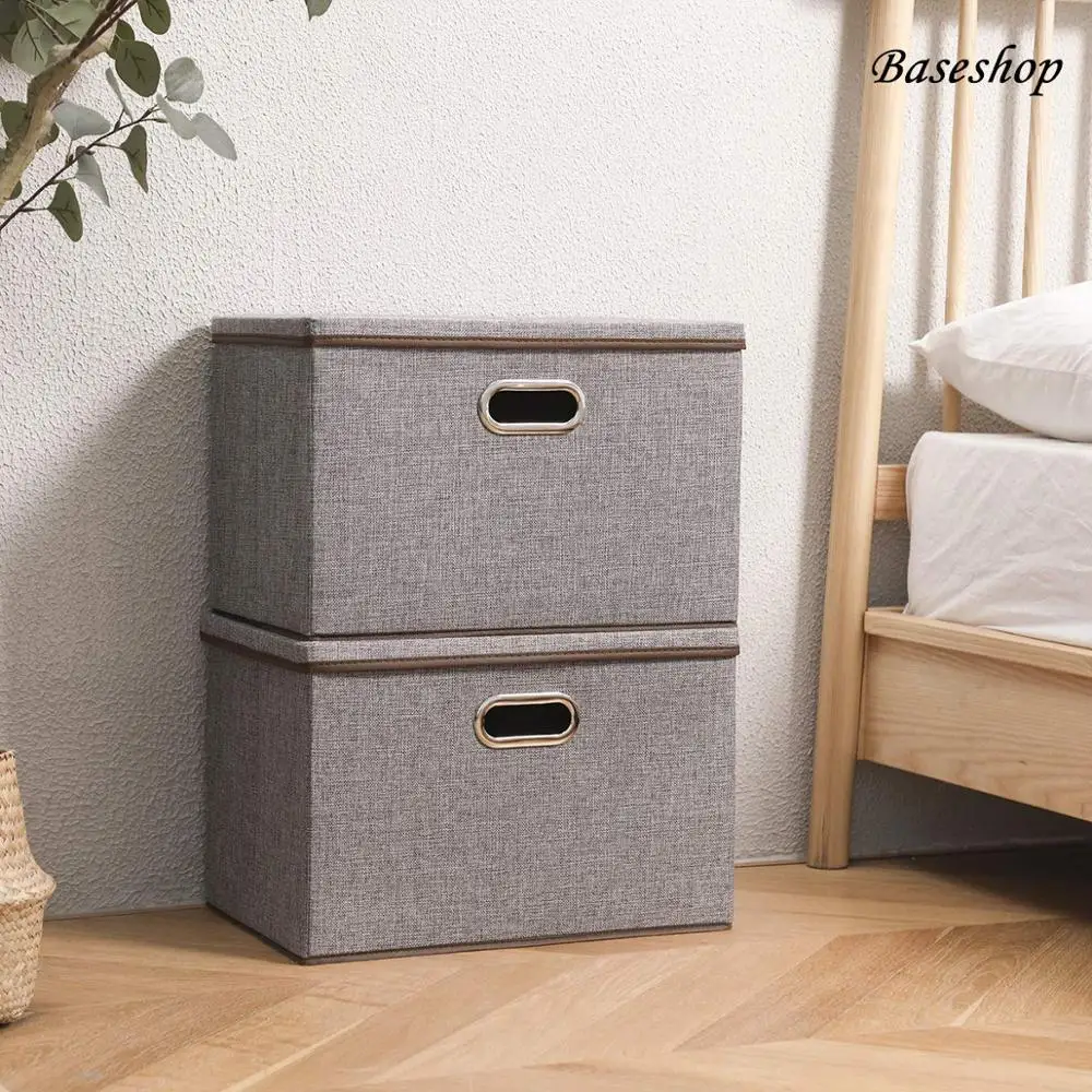 Medium 14.9x9.8x9.8INCHES 4-Pack Foldable Fabric Storage Bins with Lids Collapsible Storage Organizer Containers with Cover Linen Storage Boxes with Lids