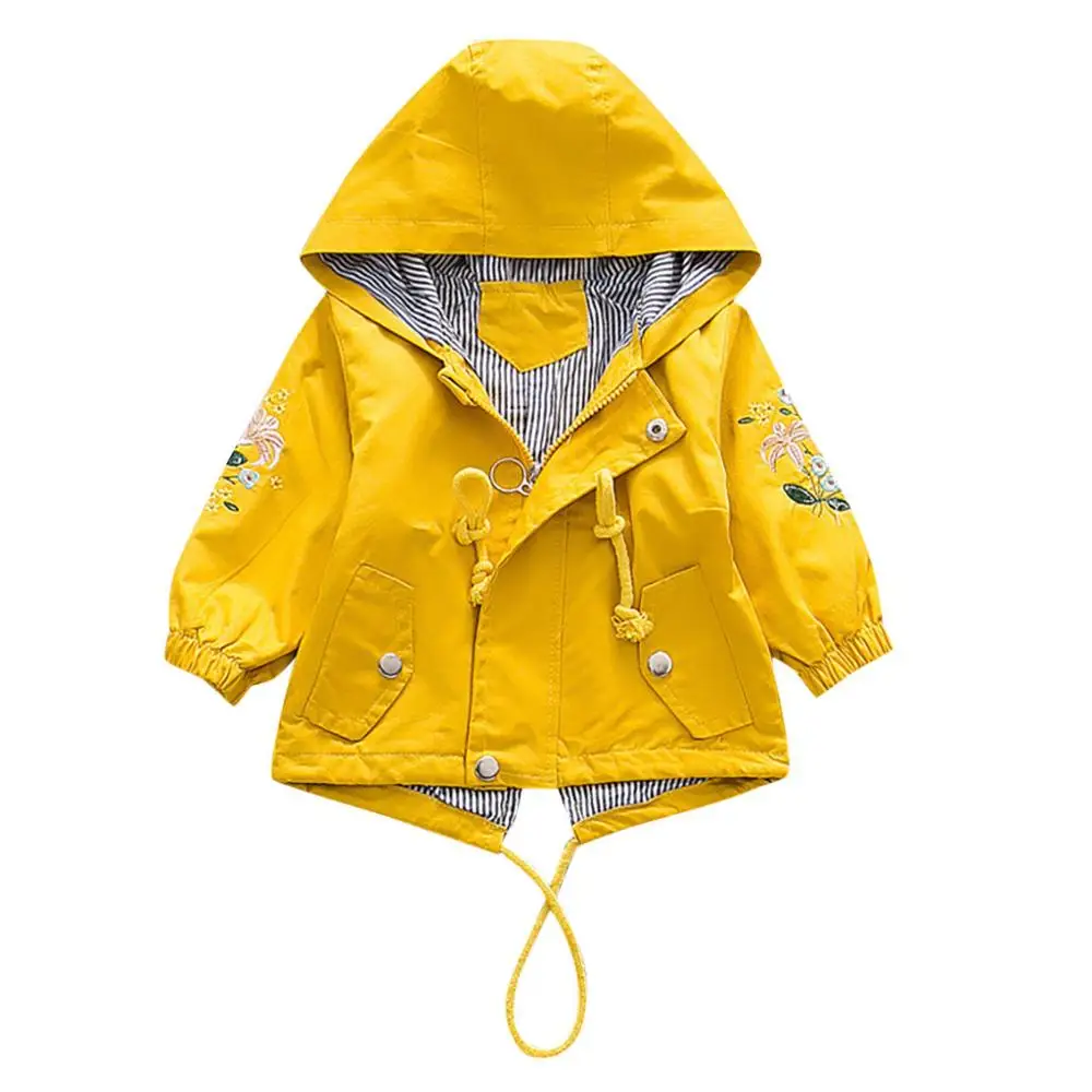 Ветронепроницаемое пальто с капюшоном и цветочным принтом для маленьких девочек; детская теплая верхняя одежда с вышивкой; повседневная одежда - Цвет: Цвет: желтый