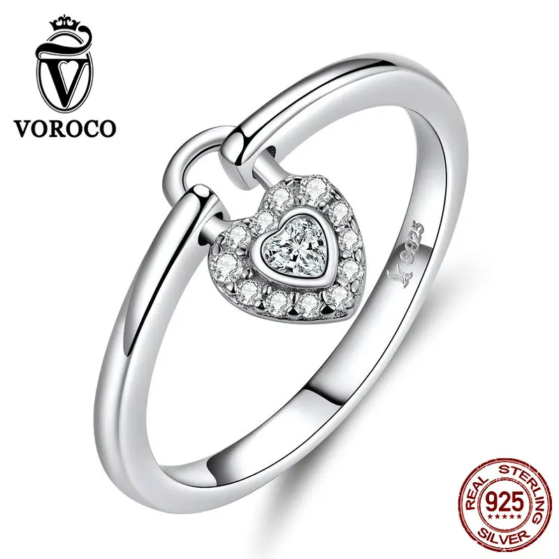

VOROCO Real 925 Sterling Silver Love Ring Heart Shape Lock Ring Zircon CZ Original Design Wedding Engagement Fine Jewelry BKR589