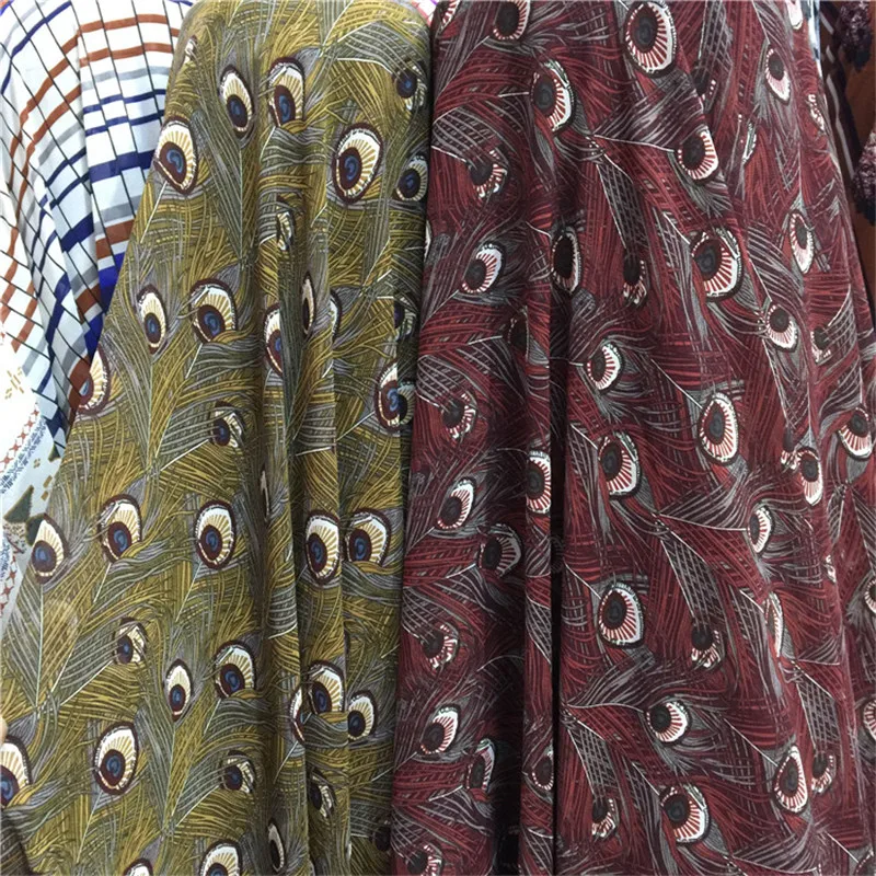 

2019 Real African Fabric New Peacock Feather Printed Printing Shirt Georgette Yarn Spring And Summer Dress Accessories Fabrics