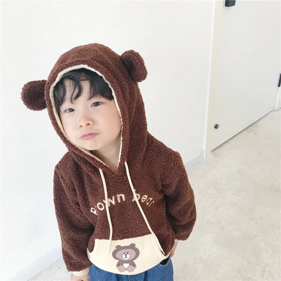 Tonytaobaby/Новинка; зимняя детская одежда для мальчиков и девочек; флисовая толстовка с капюшоном с изображением медведя и кролика