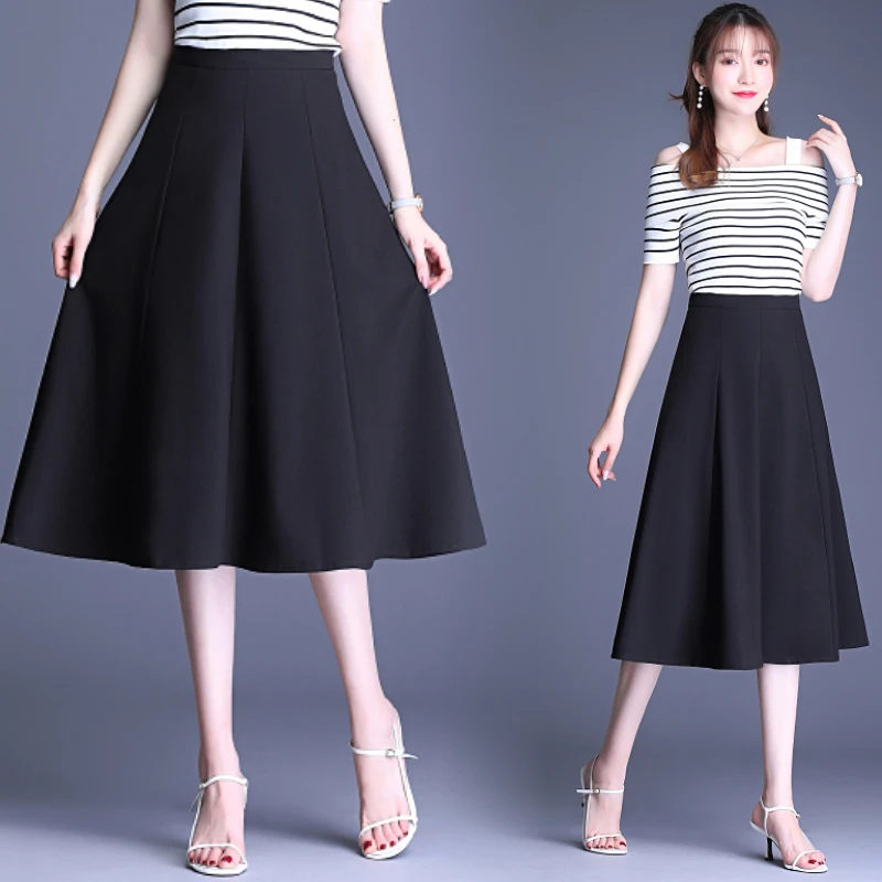 Elegant High Chic Skirt Women Casual A-Line Midi Skirts Office lady Slim Summer Autumn Skirt