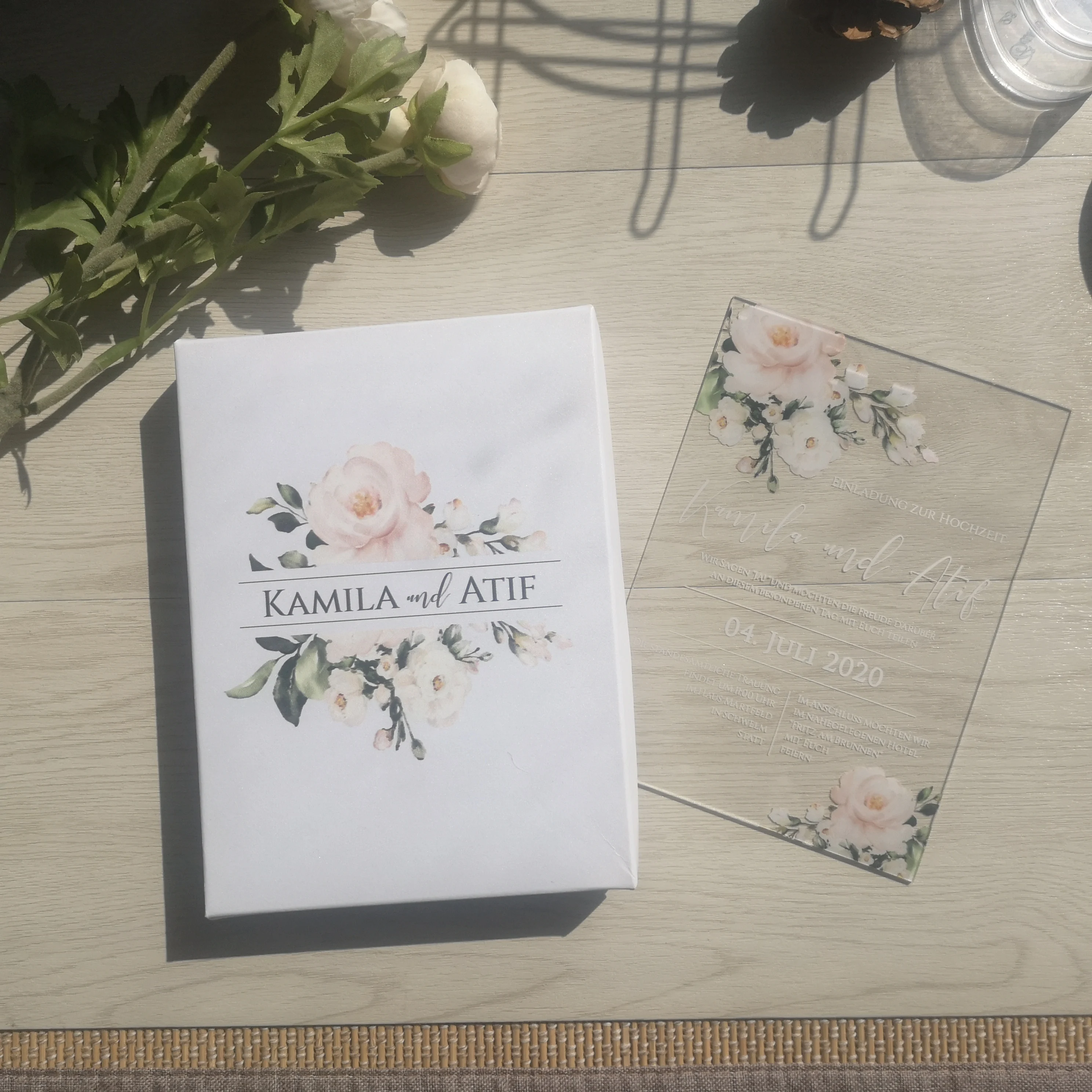 High Quality UV Printing 5pcs Transparent Acrylic Card With Printed Box Custom Acrylic Wedding Invitation Card With Stain Fabric