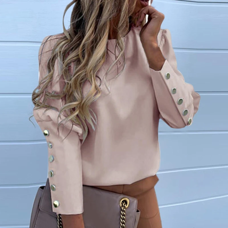 Elegant New Puff Shoulder Blouse Shirts Office Lady Autumn Metal Buttoned Detail Blouses women Pineapple Print Long Sleeve Tops