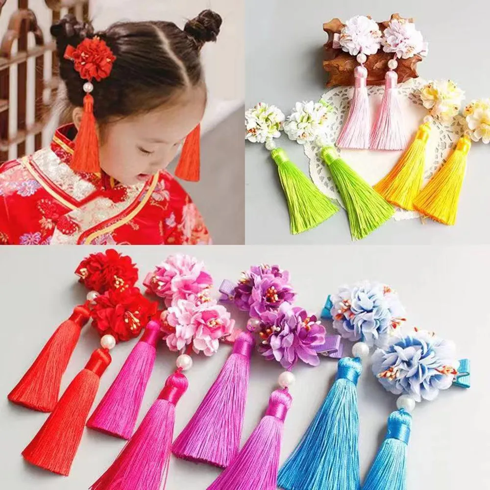 

2PCS/Lot New Year Princess Colorful Simulation Flower Long Tassels Headband Hair Clip Girls Hair Ornament Cute Hair Accessories