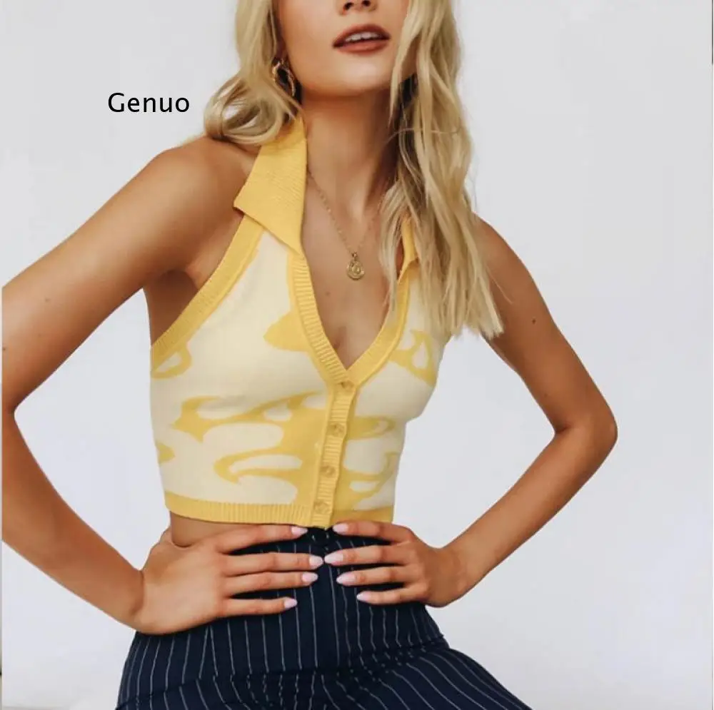 

2021 Autumn European and American Sweater Women's Pattern Halter Neck Deep V-Neck Sexy Halter Cardigan Top