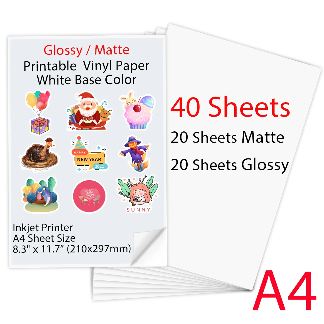 

40 Sheets A4 Printable Vinyl Sticker Paper 210*297mm Glossy Matte Printing Copy Paper A4 Size White Paper for All Inkjet printer